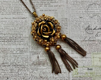 Carved Gold Tone Flower Pendant Necklace from Repurposed Earring, Reclaimed Jewelry