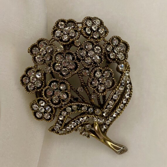 Vintage Floral Bronze Tone Brooch with Clear Rhin… - image 6