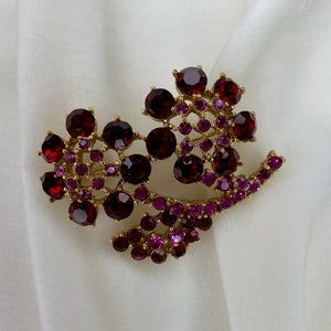 Vintage Red and Pink Rhinestone Floral Brooch, 1960s Jewelry, Statement Brooch