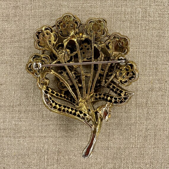 Vintage Floral Bronze Tone Brooch with Clear Rhin… - image 3