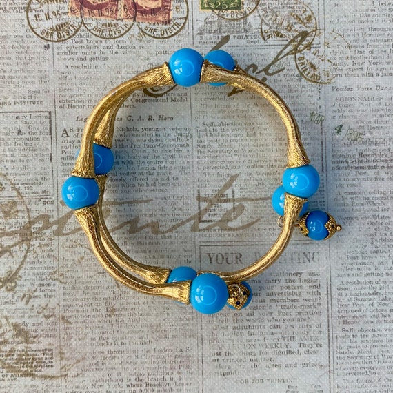 Vintage Gold Tone and Turquoise Bead Wrap Bracele… - image 1