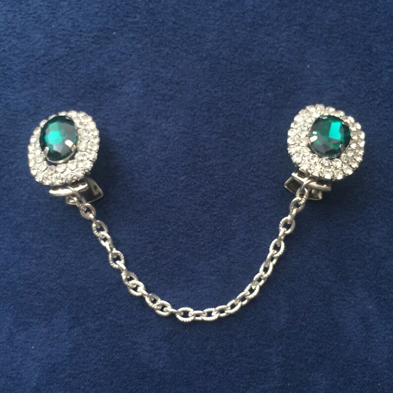 Green Rhinestone Sweater Guards Sweater Clips from Vintage Costume Earrings