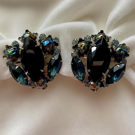 Vintage JUDY LEE Blue & Black Rhinestone Earrings… - image 1