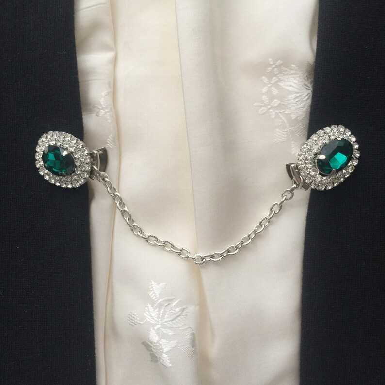 Green Rhinestone Sweater Guards Sweater Clips from Vintage Costume Earrings