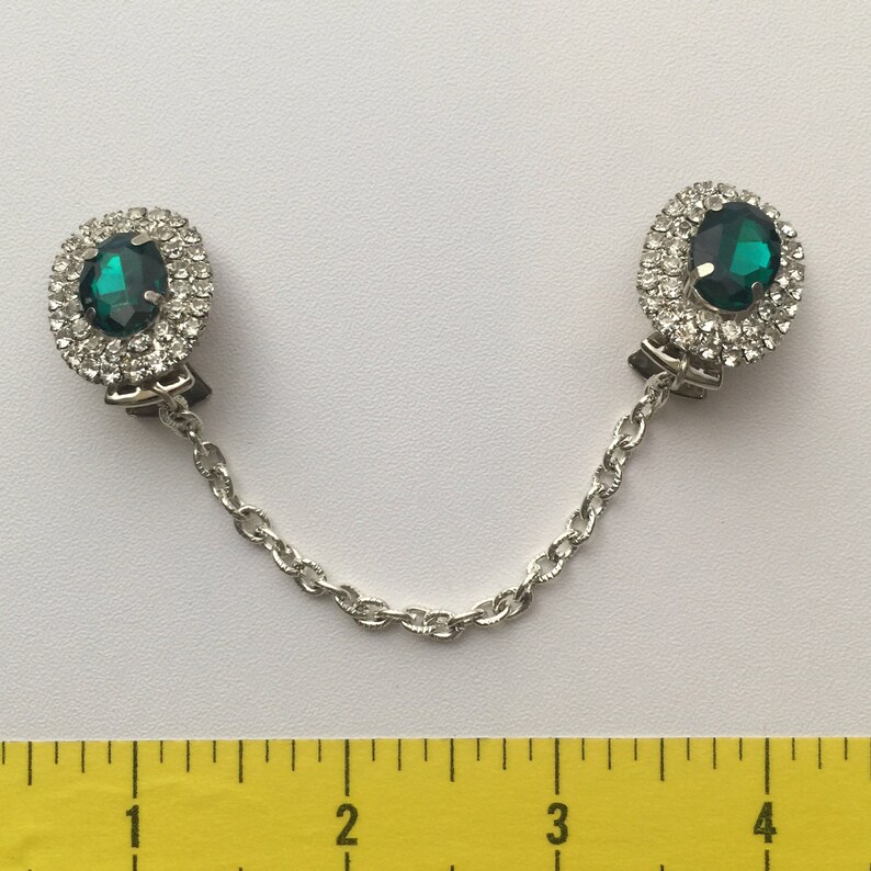 Green Rhinestone Sweater Guards Sweater Clips from Vintage Costume Earrings