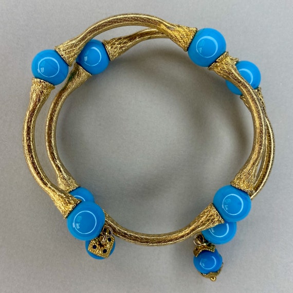 Vintage Gold Tone and Turquoise Bead Wrap Bracele… - image 4