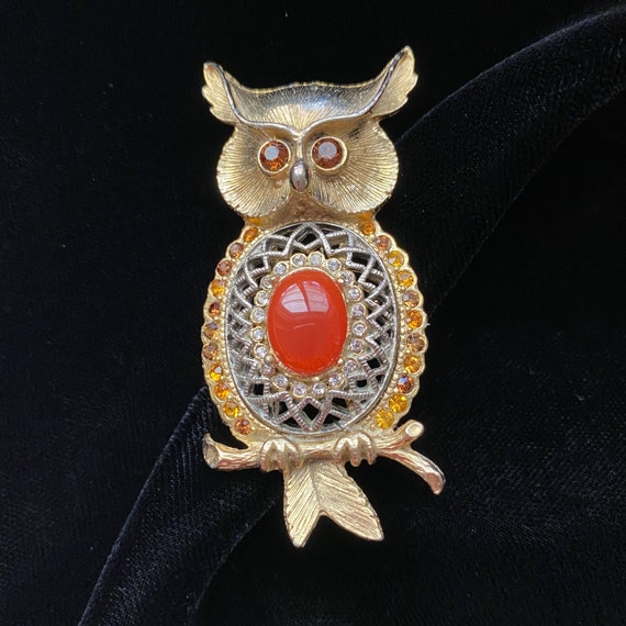 Cute Vintage Owl Brooch, Gold Brooch, Bird Pin wi… - image 2