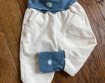 Grow-With-Me Baby Joggers, Ivory French Terry, Dusty Blue Planets Print Cuffs