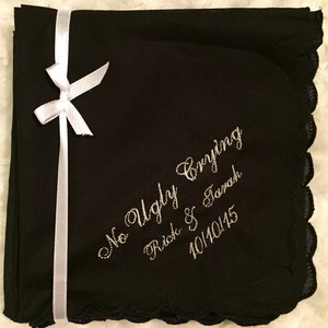 No ugly crying wedding handkerchief with an added name and date, black set of 5
