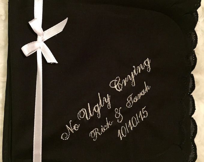 No ugly crying wedding handkerchief with an added name and date, black set of 5