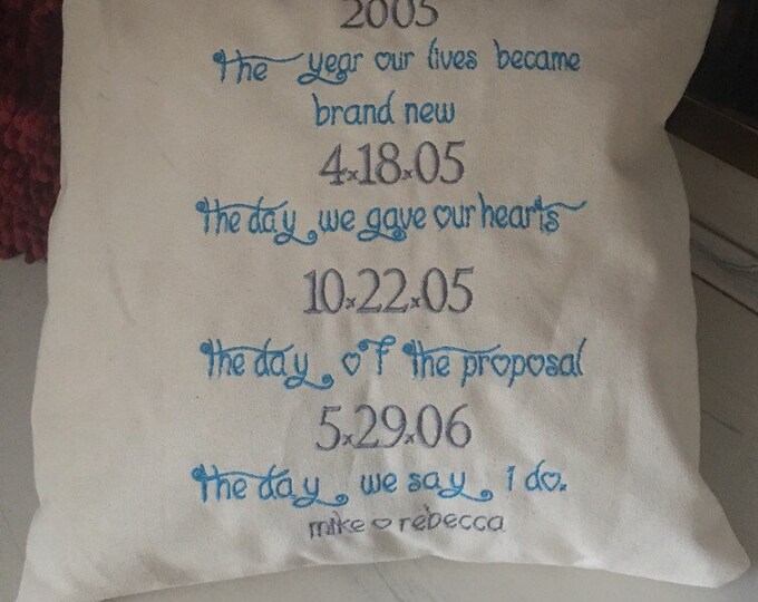 The Day We Met Decorative Pillow Embroidered by Wedding Tokens- Wedding Gift, Anniversary Gift 16"x16" Pillow