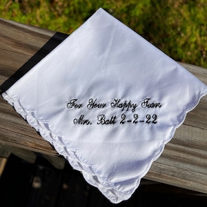 For your happy tears wedding handkerchief with an added name and date- Perfect Bridesmaid Gift