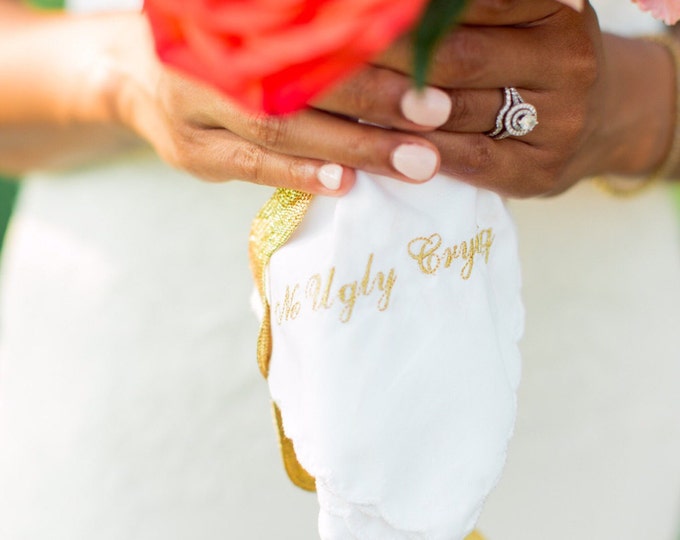 No Ugly Crying™  Set of 8*** Perfect Bridesmaid Gift Handkerchiefs-Wedding Keepsake- Embroidered Bridesmaid Gift- Wedding Keepsake