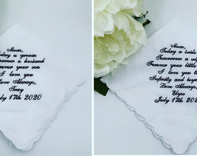 Mother of the bride and mother of the groom handkerchief set.