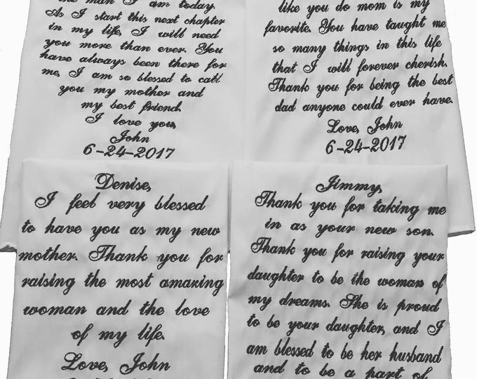 From the groom wedding handkerchief set- mother of the groom, father of the groom, mother of the bride, father of the bride