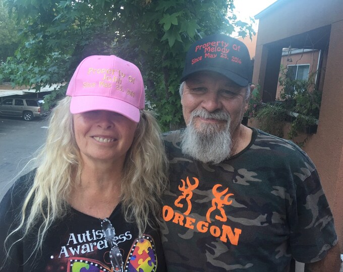 Property of hat. Anniversary/ Valentines  gift. Hat available in pink or black. Your choice of thread color.