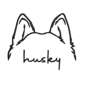 Könnte beinhalten: Schwarz-weiße Linienzeichnung eines Huskykopfes von hinten, mit dem Wort "Husky" darunter.