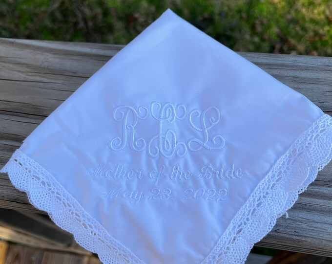 Monogram Wedding Handkerchief - Wedding Handkerchief- Lace Handkerchief- Mother of the Bride- Mother of the Groom