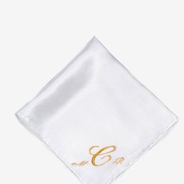 Silk/ Polyester Wedding Handkerchief Embroidered with a name, monogram, date etc by Wedding Tokens Perfect Groom Gift