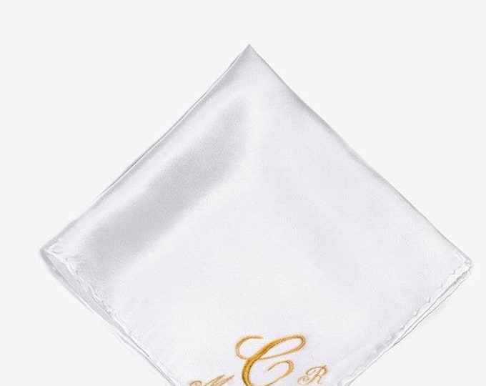 Silk/ Polyester Wedding Handkerchief Embroidered with a name, monogram, date etc by Wedding Tokens Perfect Groom Gift