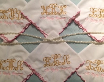 Monogram wedding handkerchief with a pink edge. Personalized the way you like. Your choice of thread color, by Wedding Tokens.