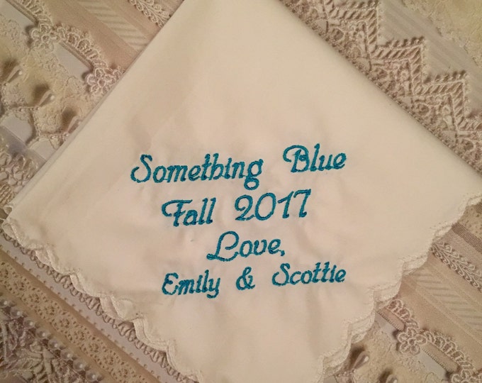 Something Blue Wedding Handkerchief with an added name and date.