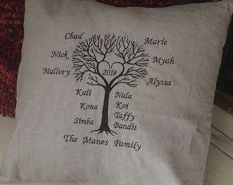 Almohada de árbol genealógico bordada por wedding tokens- almohada grande de 16 "x16". Gran Día de la Madre / Regalo del Día del Padre o Regalo de Boda / Aniversario