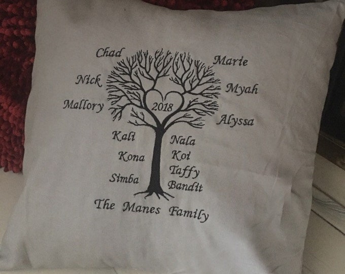 Family Tree Pillow Embroidered by Wedding Tokens- 16"x16" large pillow. Great Mothers Day/ Fathers Day Gift or Wedding/Anniversary Gift