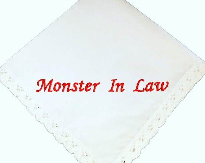 Monster in Law Wedding Handkerchief Embroidered in Your Choice of Thread Color- Mother in Law Gift by Wedding Tokens
