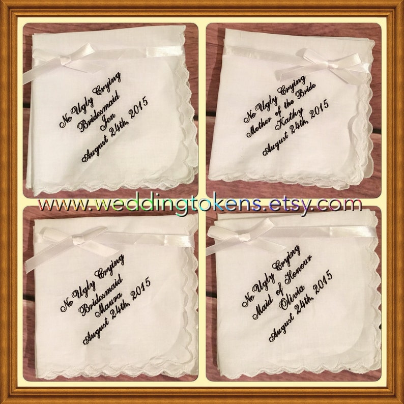 Set of 5 No ugly crying\u2122 handkerchief set with an added date and name