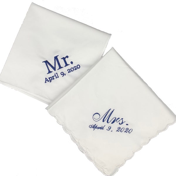 Mr. and Mrs. Wedding handkerchief set. Womans can be made with lace or scalloped hanky.