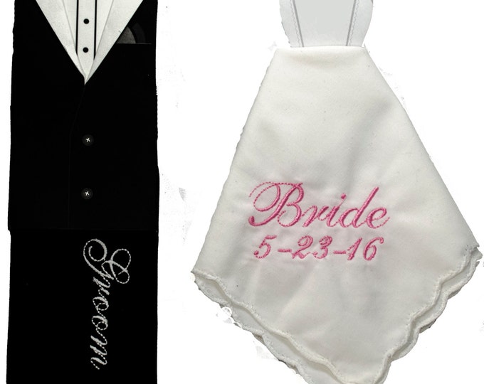 Bride and Groom Wedding Handkerchief set including dress forms