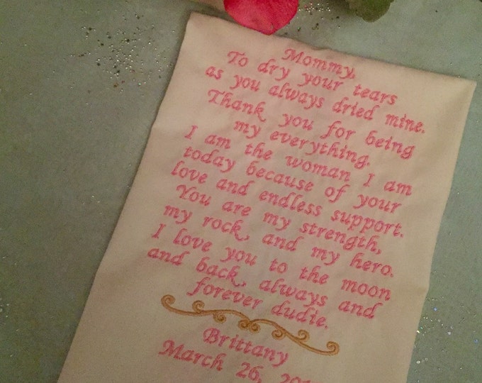 Custom poem handkerchief with a pink edge. Up to 50 words.