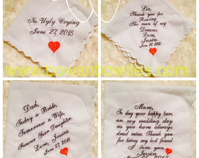 FREE SHIPPING ~ Wedding handkerchief set, mother of bride, father of bride, mother of groom and no ugly crying.