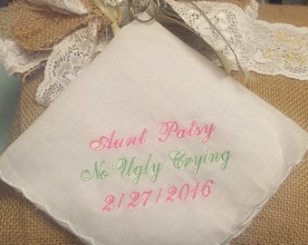 No ugly crying wedding handkerchief with added name and date- set of 5