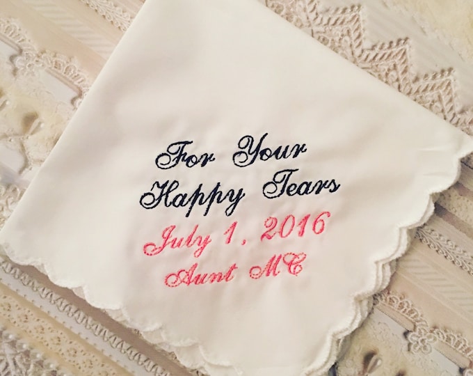 For your happy tears wedding handkerchief with an added name and date set of 9