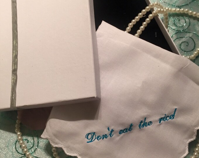 Don't eat the rice! Wedding handkerchief by Wedding Tokens on etsy