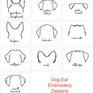 May include: A collection of dog ear embroidery designs, each in a minimalist black line drawing style. Breeds include Golden Retriever, Jack Russell, Labrador, and Rottweiler. Text at the bottom reads "Dog Ear Embroidery Designs."