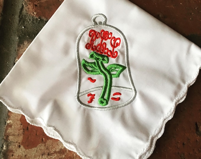 Monogrammed wedding handkerchief- Beauty and the Beast inspired wedding- enchanted rose- by Wedding Tokens