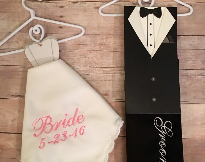 Bride and Groom Wedding Handkerchief Set Personalized. Great gift for the newly weds.