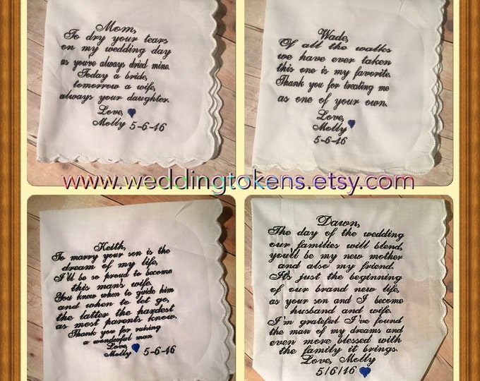 Mother of the groom, mother of the bride, father of the groom, father of the bride wedding handkerchief set. Personalized.