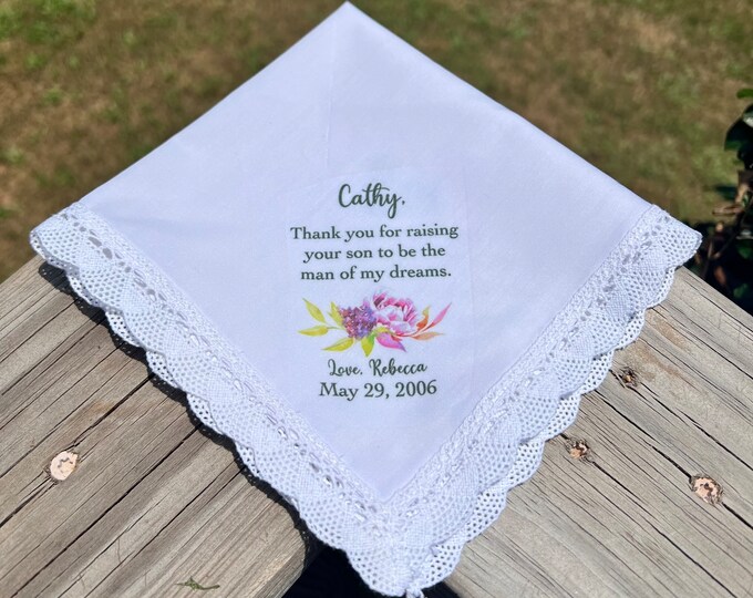 Mother of the Groom  Wedding Handkerchief - Wedding  Keepsake- Lace Handkerchief