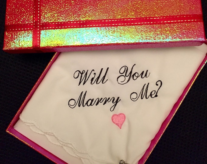 Will You Marry Me? Great proposal gift idea. Will you marry me handkerchief professionally gift wrapped. Easy to add your ring.