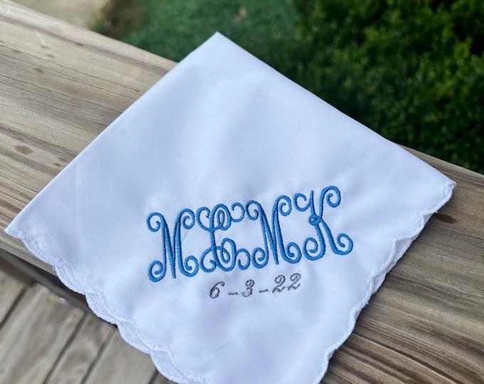 Monogram wedding handkerchief. Personalized the way you like. Your choice of thread color, by Wedding Tokens.