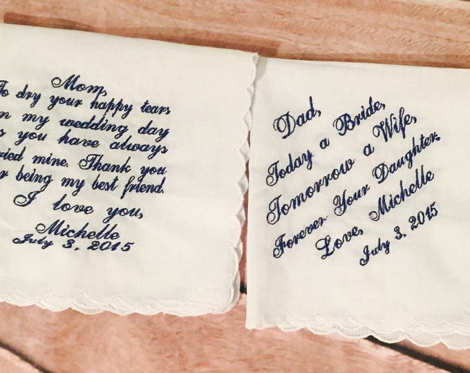 Mother of the bride, Father of the bride wedding handkerchief set.