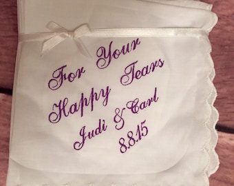 For your happy tears wedding handkerchief with an added name and date set of 100