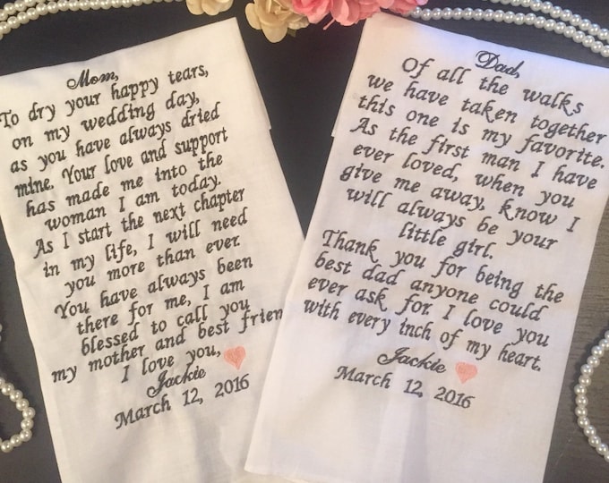 Father of the Bride and Mother of the Bride Wedding Handkerchief  gift set,personalized  wedding hankerchiefs- Wedding Keepsakes