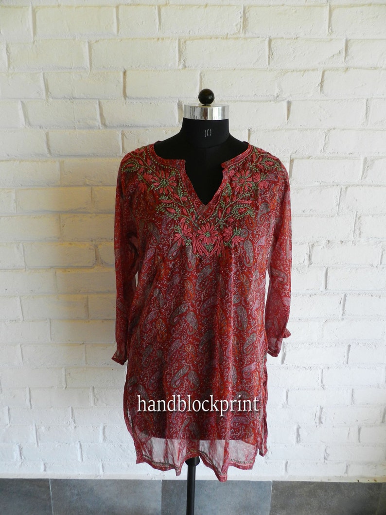 Women/'s Plus Size Maroon Tunic,Chiffon Tunic,Indian Tunic,Embroidered Tunic,Women/'s Tunic,Top and Tees,Indian Kurti,Beach Tunic,Summer Tunic