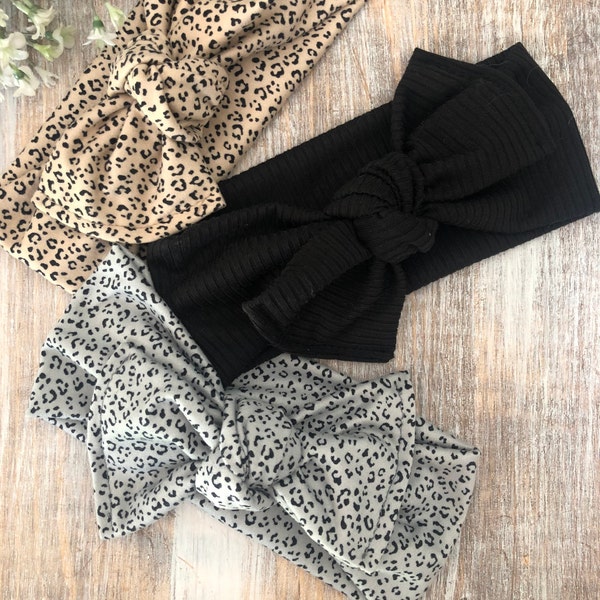 Cheetah Baby Bow Headbands, Chunky Black Top Knot Bow, Adjustable Turban Infant Bow, Baby Girl Shower Gift for New Mom, Newborn Headwrap