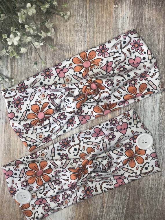 Nurse Headband with Buttons, Retro Floral Twisted Ear Saver Face Mask Headband, Medical Pediatric Clinical Office Assistant Student Gifts